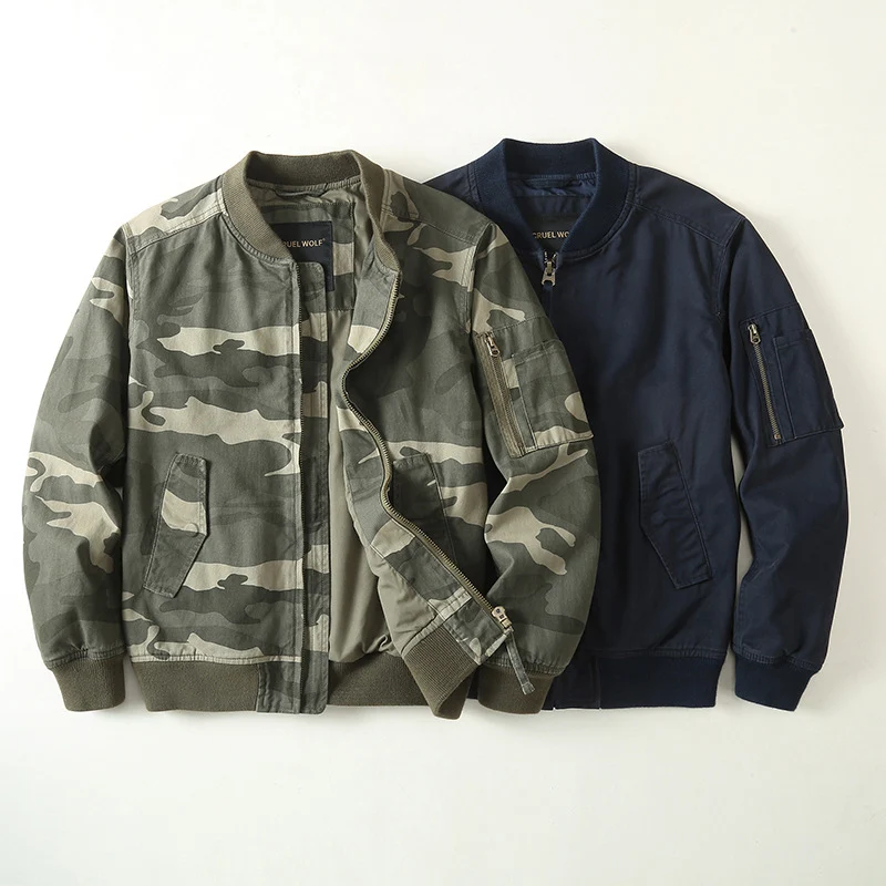 Herren Bomberjacke im Military-Camouflage mit Reißverschluss, Rippbündchen und Ärmeltasche Drune
