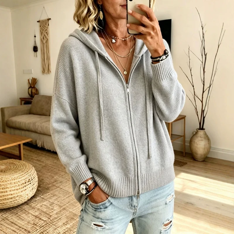 Damen Grobgestrickter Zip‑Hoodie‑Cardigan mit Oversize‑Passform und gerippten Bündchen Drune