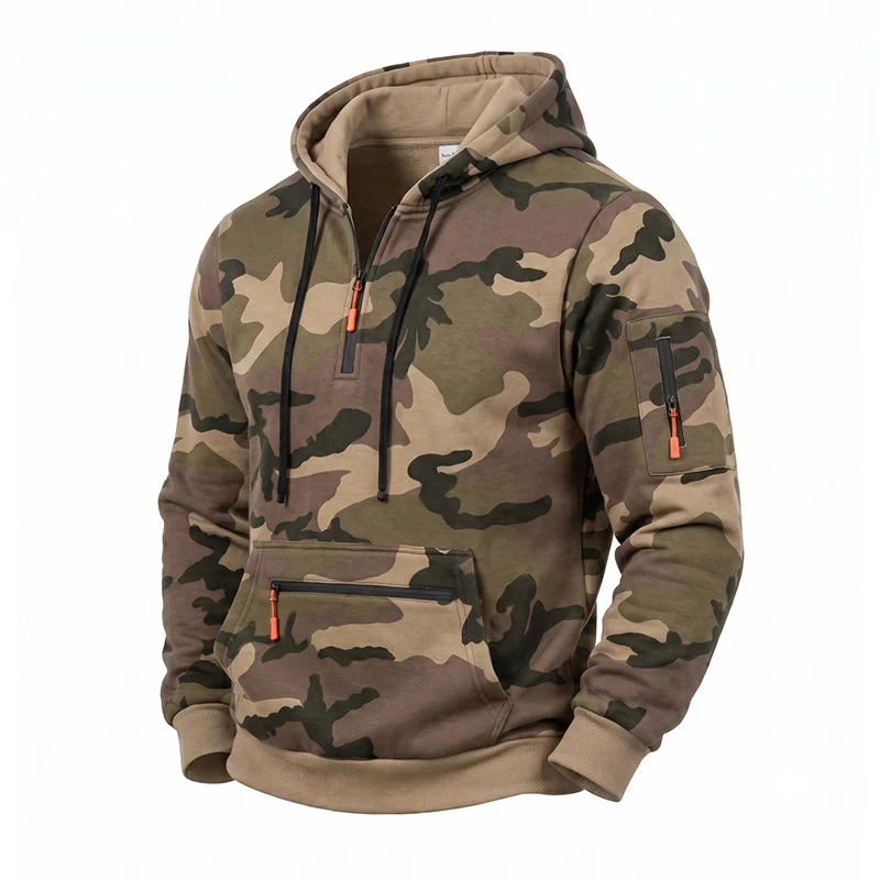 Herren Kapuzenpullover Camouflage mit Fleecefutter, Halbzip und Reißverschlusstaschen Drune