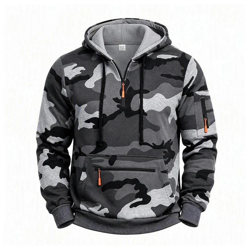 Herren Kapuzenpullover Camouflage mit Fleecefutter, Halbzip und Reißverschlusstaschen Drune