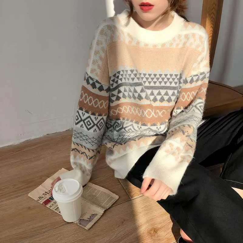 Damen Großer Oversized Pullover mit grafischem Muster Drune