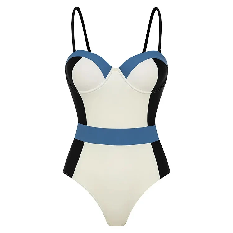 Damen High-Waist Einteiler Badeanzug mit modernem Schnitt und verspielten Farbblockelementen Drune