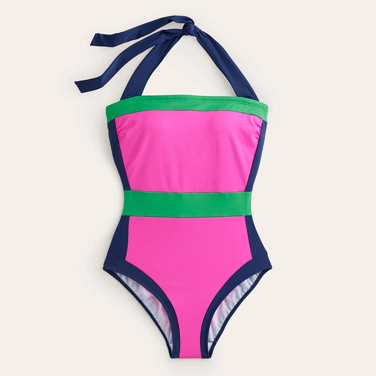 Damen High-Waist Einteiler Badeanzug mit modernem Schnitt und verspielten Farbblockelementen Drune
