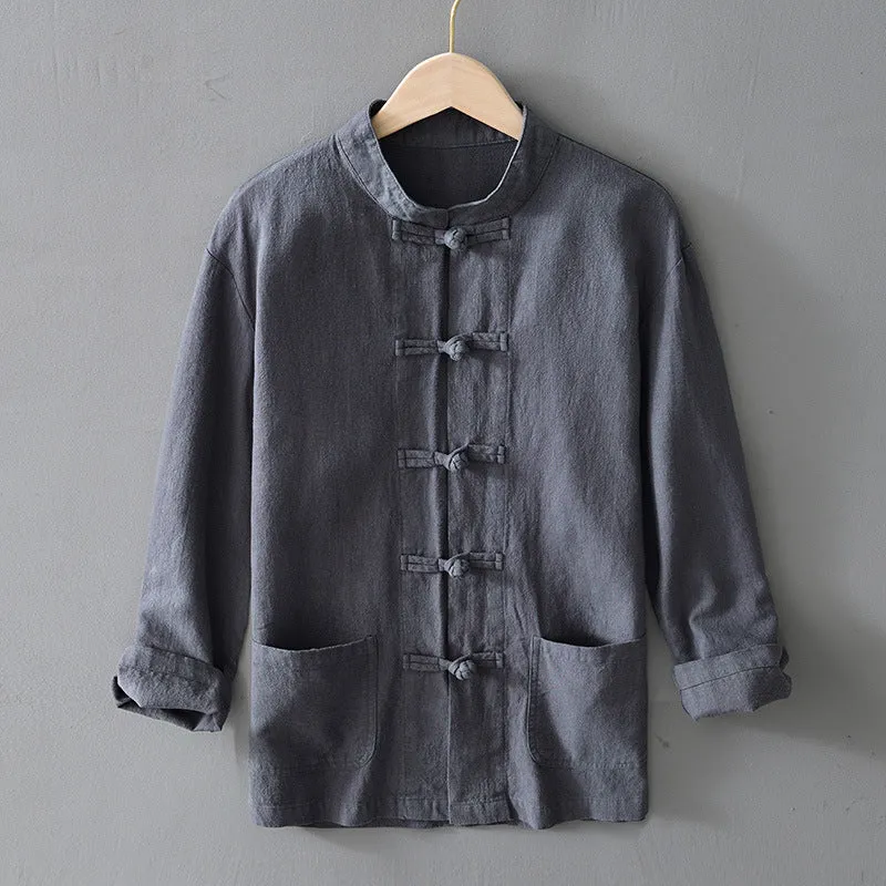 Herren nan leichte Leinenjacke im traditionellen chinesischen Stil mit Stehkragen und Knotenverschlüssen Drune