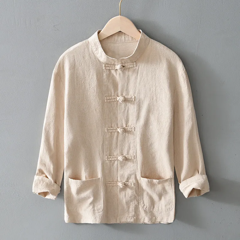 Herren nan leichte Leinenjacke im traditionellen chinesischen Stil mit Stehkragen und Knotenverschlüssen Drune