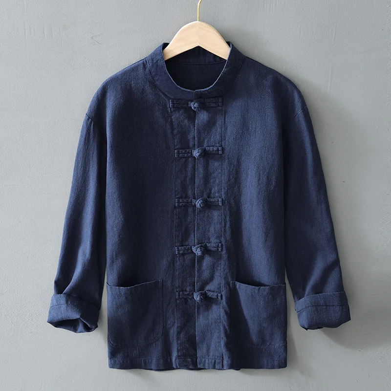 Herren nan leichte Leinenjacke im traditionellen chinesischen Stil mit Stehkragen und Knotenverschlüssen Drune