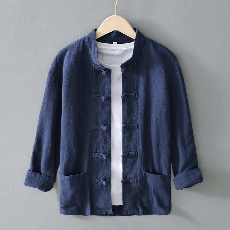 Herren nan leichte Leinenjacke im traditionellen chinesischen Stil mit Stehkragen und Knotenverschlüssen Drune
