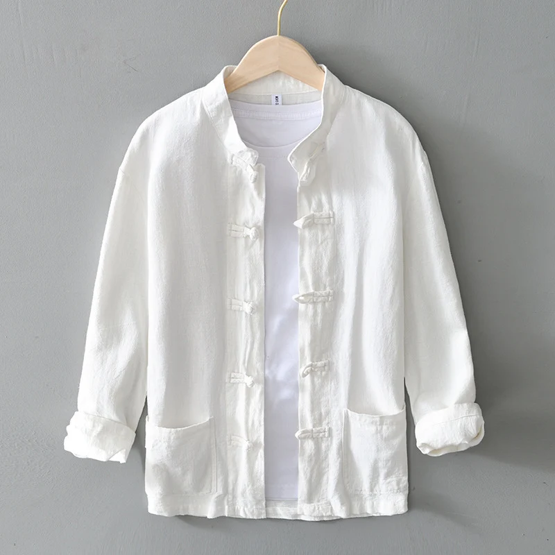 Herren nan leichte Leinenjacke im traditionellen chinesischen Stil mit Stehkragen und Knotenverschlüssen Drune