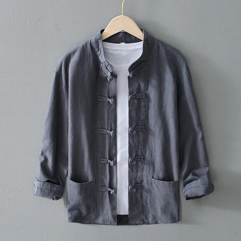Herren nan leichte Leinenjacke im traditionellen chinesischen Stil mit Stehkragen und Knotenverschlüssen Drune