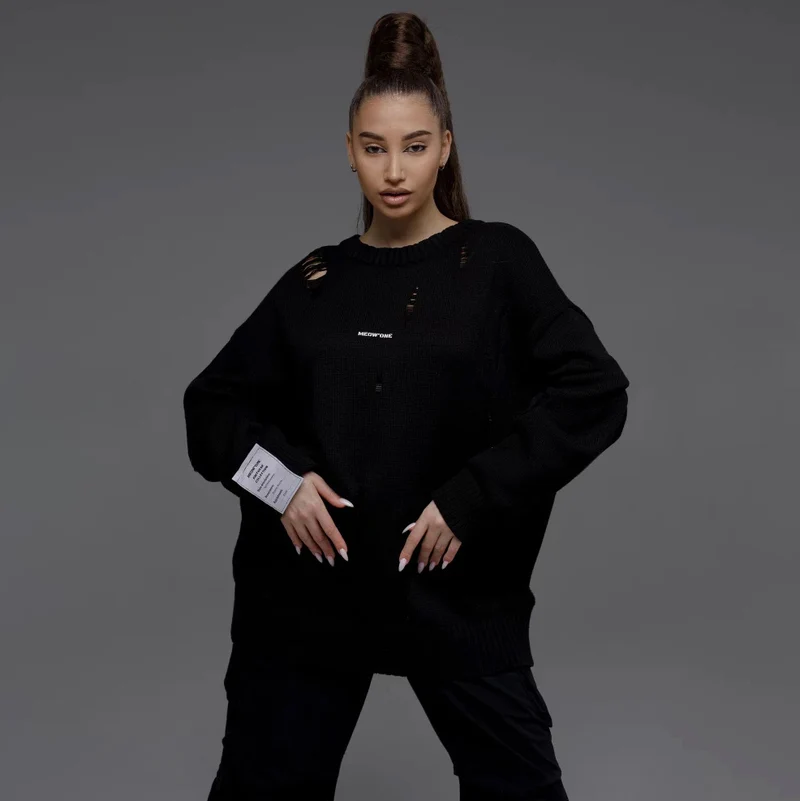 Damen lässiger Pullover mit modischen Rissdetails und Schmuck-Applikationen Drune