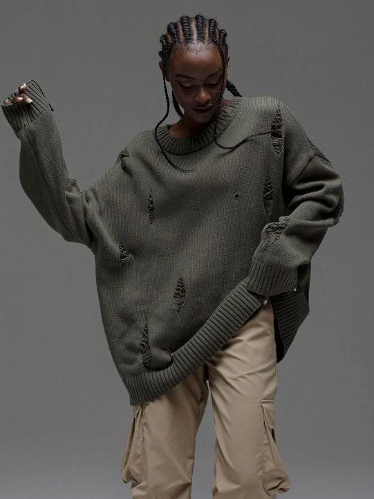 Damen lässiger Pullover mit modischen Rissdetails und Schmuck-Applikationen Drune