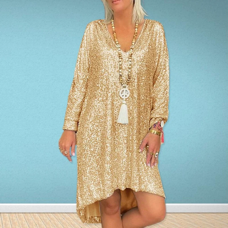 Damen Glitzerndes Oversized Kleid mit V-Ausschnitt und langen Ärmeln Drune