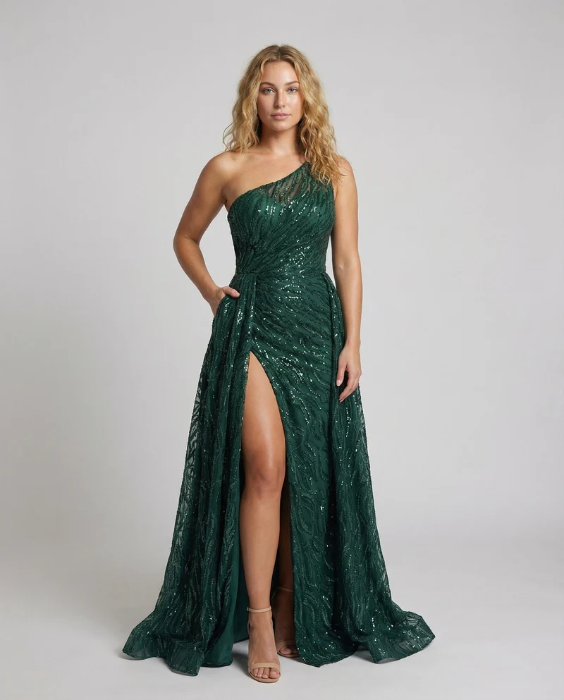 Damen Ein-Schulter Glitzerkleid Korsett-Optik Beinschlitz