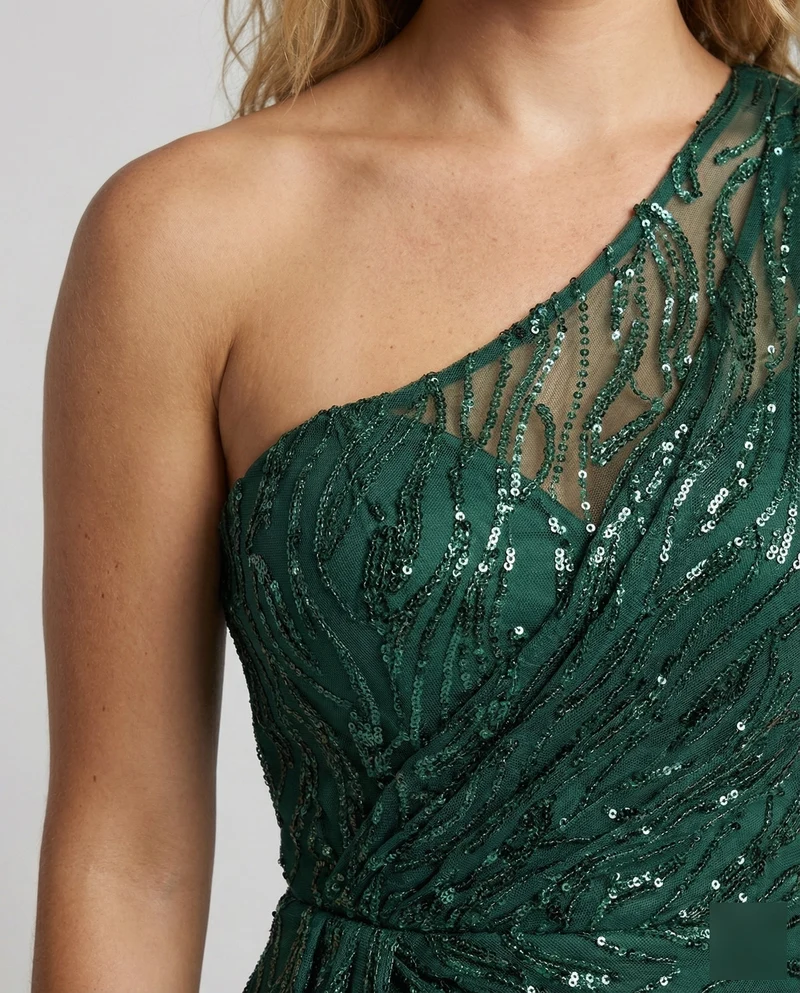 Damen Ein-Schulter Glitzerkleid Korsett-Optik Beinschlitz
