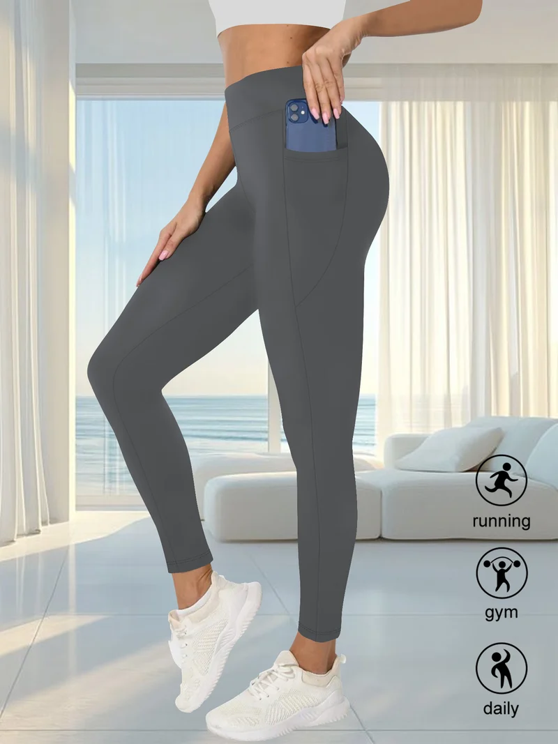 Damen High-Waist Sportleggings mit seitlicher Handytasche und formendem Kompressionsstoff Drune