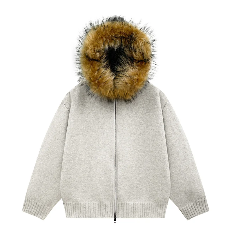Damen Strick-Bomberjacke mit Kapuze und abnehmbarem Kunstfellbesatz Drune