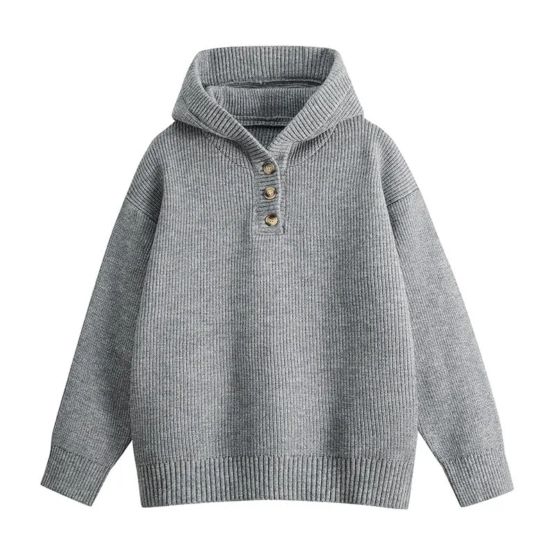 Damen Relaxed Kapuzenpullover aus geripptem Strick mit Halbsteg-Knopfleiste Drune