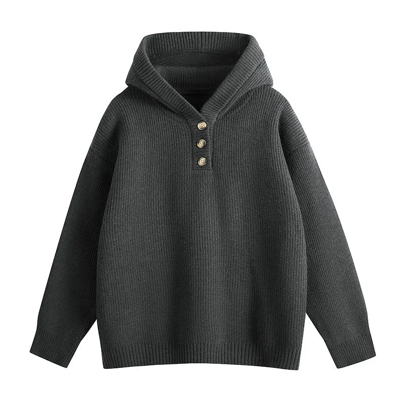 Damen Relaxed Kapuzenpullover aus geripptem Strick mit Halbsteg-Knopfleiste Drune