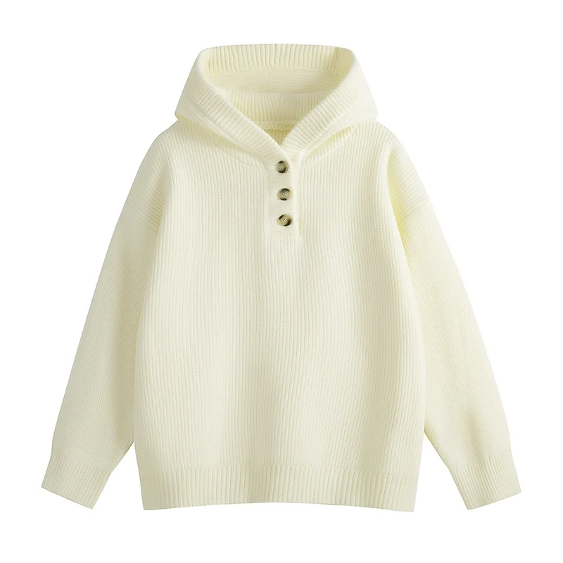 Damen Relaxed Kapuzenpullover aus geripptem Strick mit Halbsteg-Knopfleiste Drune