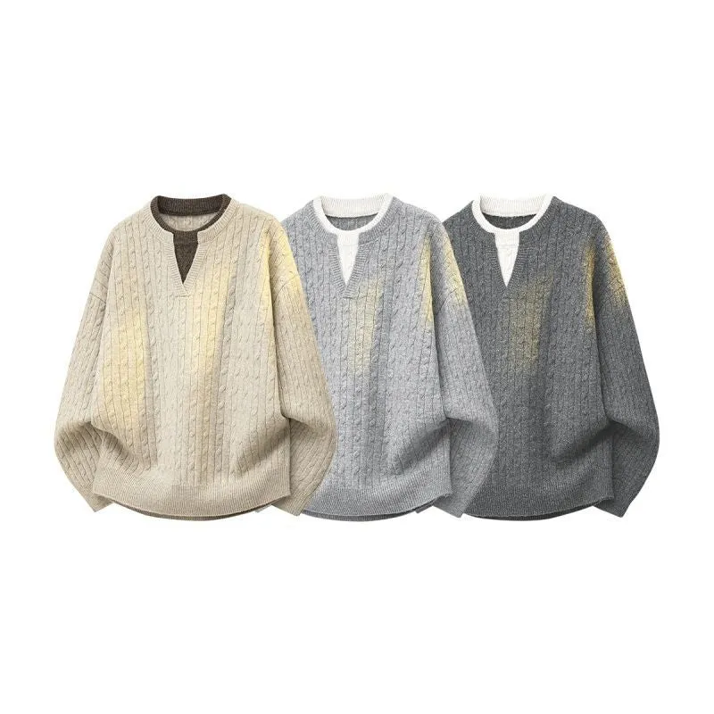 Damen Oversize Zopfstrickpullover mit hohem Rollkragen und Knopfleiste Drune