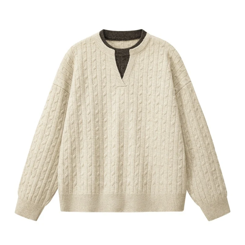 Damen Oversize Zopfstrickpullover mit hohem Rollkragen und Knopfleiste Drune