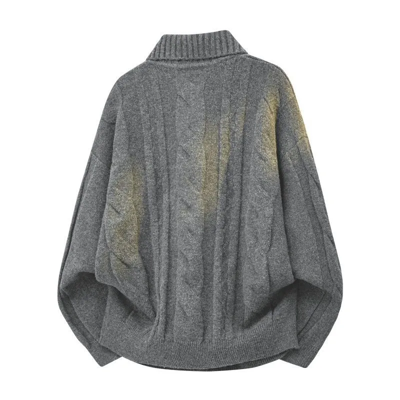 Damen Oversize Zopfstrickpullover mit hohem Rollkragen und Knopfleiste Drune