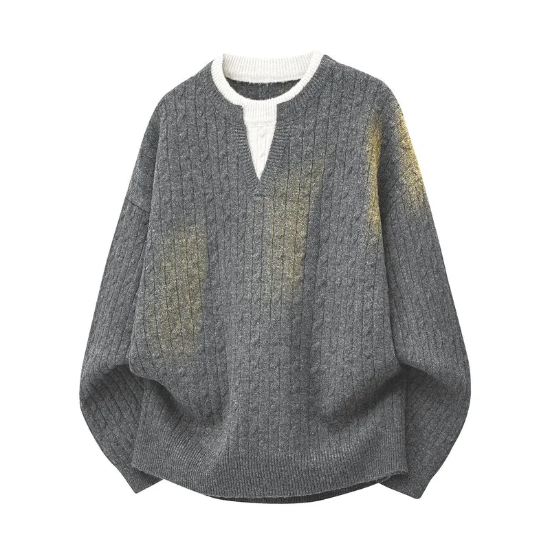 Damen Oversize Zopfstrick-Pullover mit V‑Ausschnitt und Lagenkragen Drune