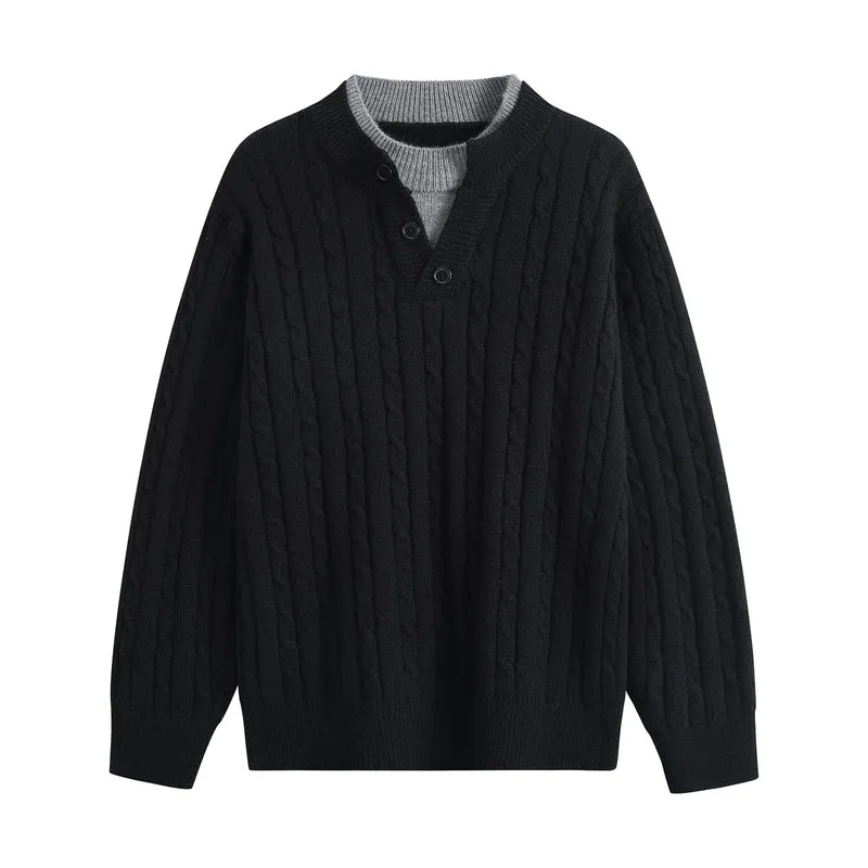 Damen Oversize Zopfstrick-Pullover mit Henley‑Kragen und Kontrastinnenkragen Drune