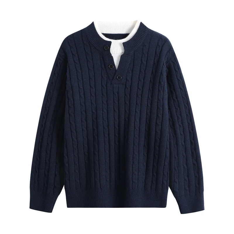 Damen Oversize Zopfstrick-Pullover mit Henley‑Kragen und Kontrastinnenkragen Drune
