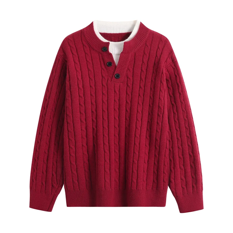 Damen Oversize Zopfstrick-Pullover mit Henley‑Kragen und Kontrastinnenkragen Drune