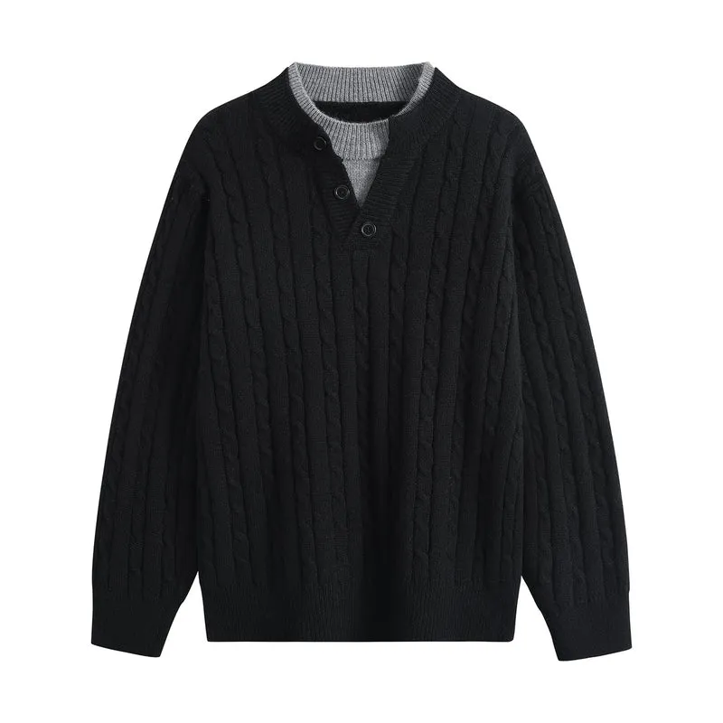 Damen Oversize Zopfstrick-Pullover mit Henley‑Kragen und Kontrastinnenkragen Drune