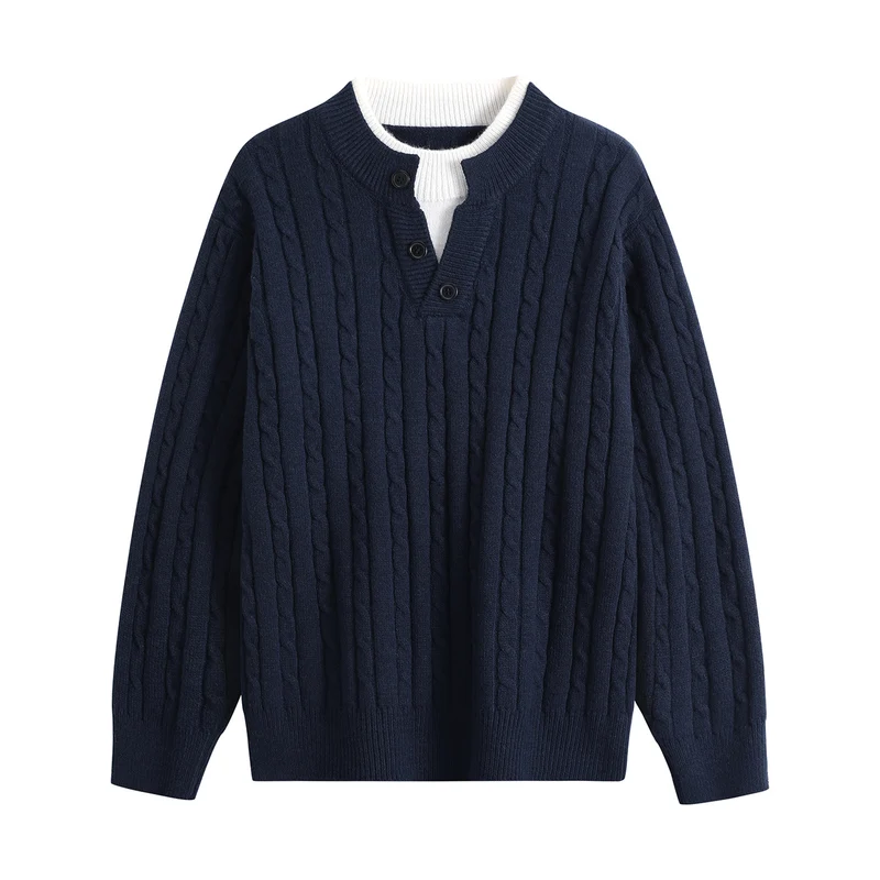 Damen Oversize Zopfstrick-Pullover mit Henley‑Kragen und Kontrastinnenkragen Drune
