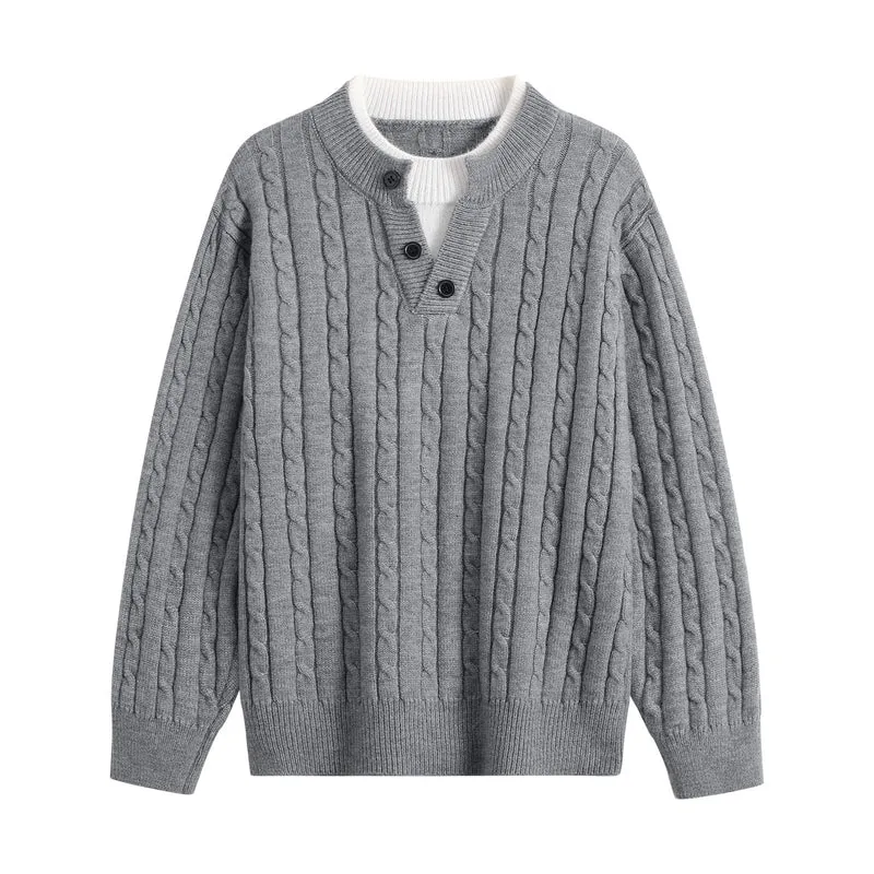 Damen Oversize Zopfstrick-Pullover mit Henley‑Kragen und Kontrastinnenkragen Drune