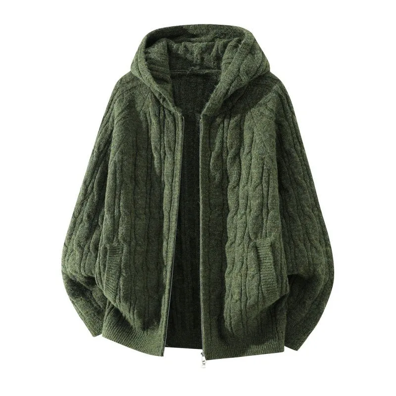 Damen Oversize Zopfstrick-Kapuzencardigan mit durchgehendem Reißverschluss und Ballonärmeln Drune