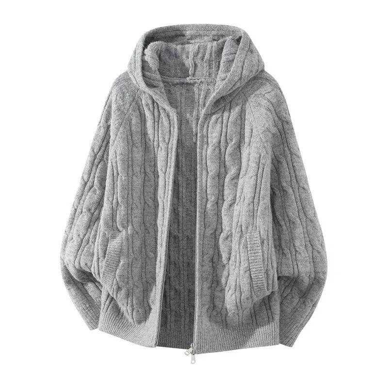 Damen Oversize Zopfstrick-Kapuzencardigan mit durchgehendem Reißverschluss und Ballonärmeln Drune