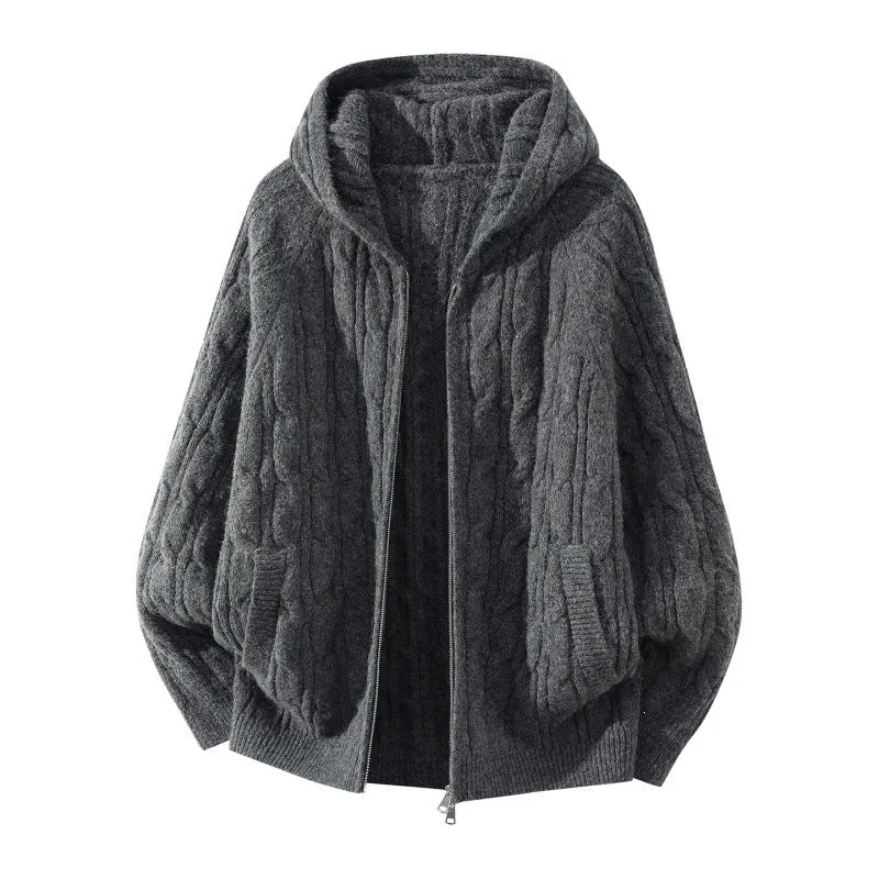 Damen Oversize Zopfstrick-Kapuzencardigan mit durchgehendem Reißverschluss und Ballonärmeln Drune