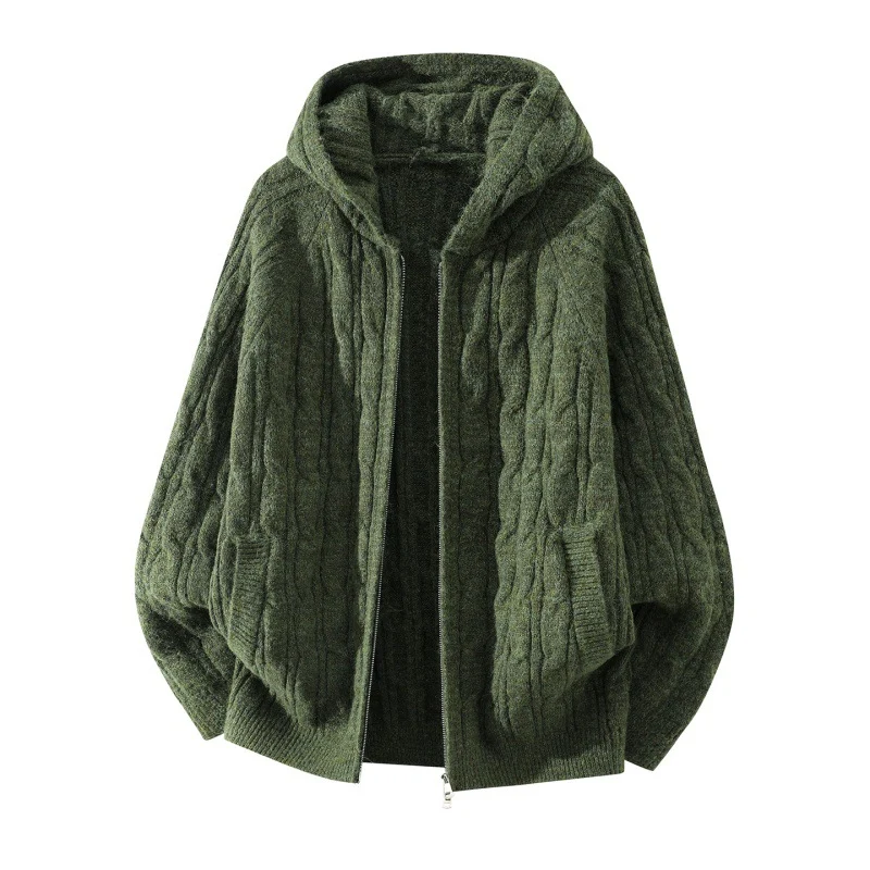 Damen Oversize Zopfstrick-Kapuzencardigan mit durchgehendem Reißverschluss und Ballonärmeln Drune