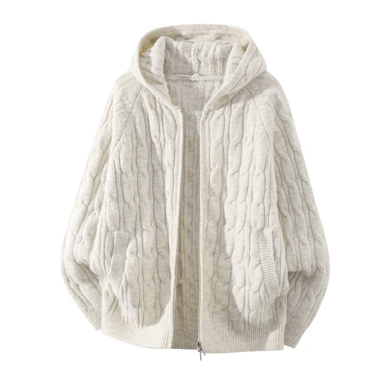 Damen Oversize Zopfstrick-Kapuzencardigan mit durchgehendem Reißverschluss und Ballonärmeln Drune