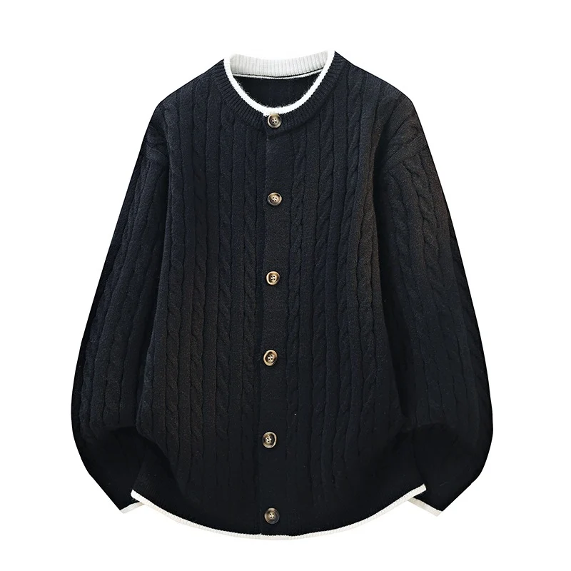 Damen Oversize Zopfstrick-Cardigan mit Rundhalsausschnitt, Holzknopfleiste & Kontrastbesatz Drune
