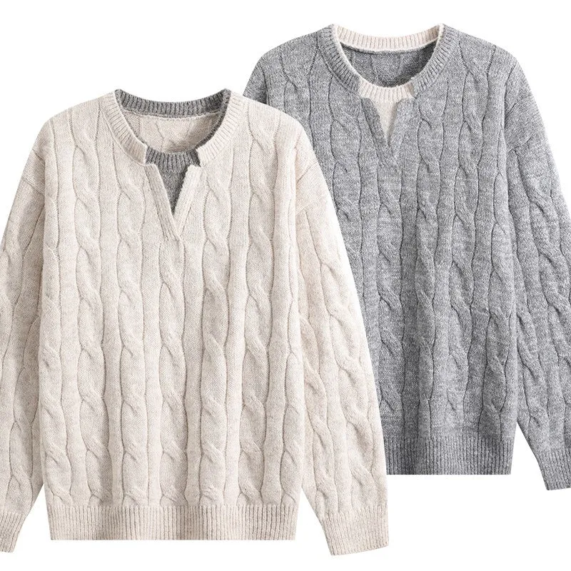 Damen Oversize Zopfmuster-Pullover mit V‑Schlitzkragen Drune