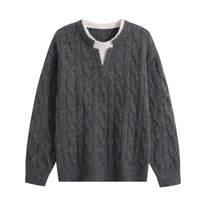 Damen Oversize Zopfmuster-Pullover mit V‑Schlitzkragen Drune