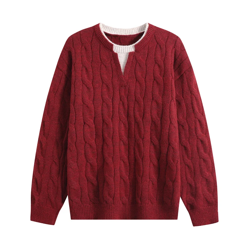 Damen Oversize Zopfmuster-Pullover mit V‑Schlitzkragen Drune