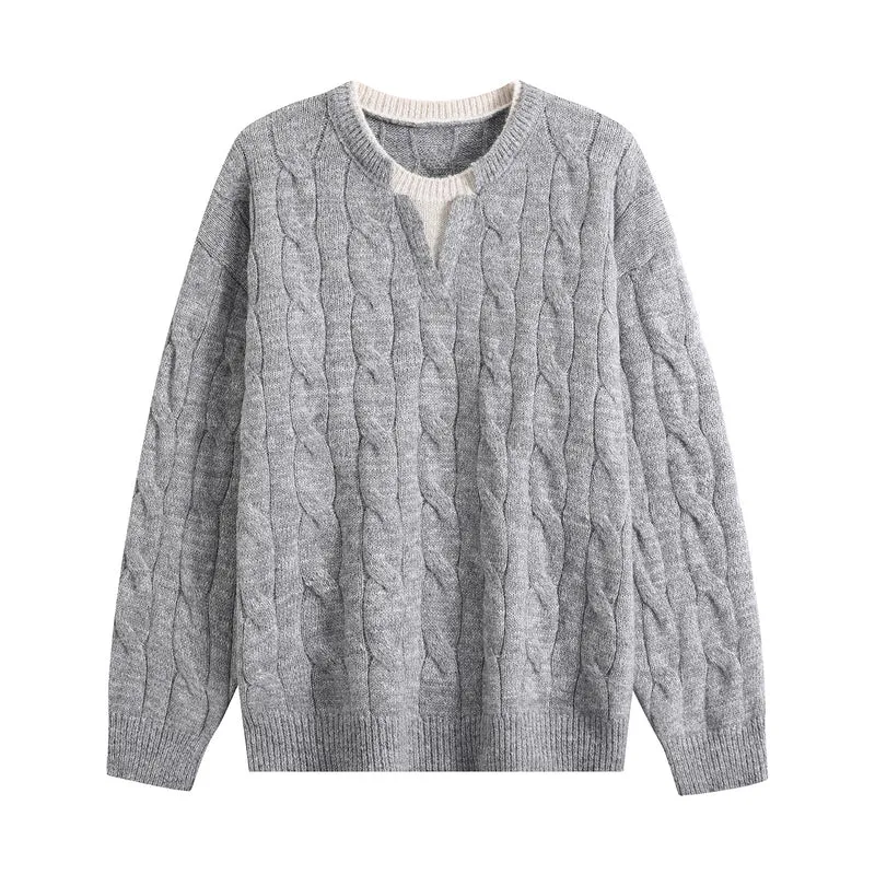 Damen Oversize Zopfmuster-Pullover mit V‑Schlitzkragen Drune