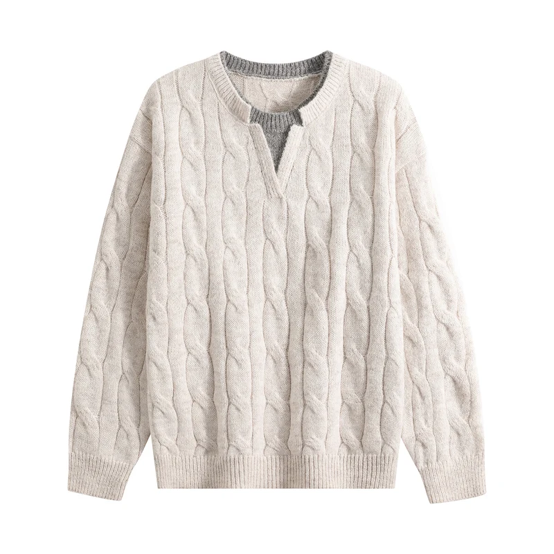 Damen Oversize Zopfmuster-Pullover mit V‑Schlitzkragen Drune