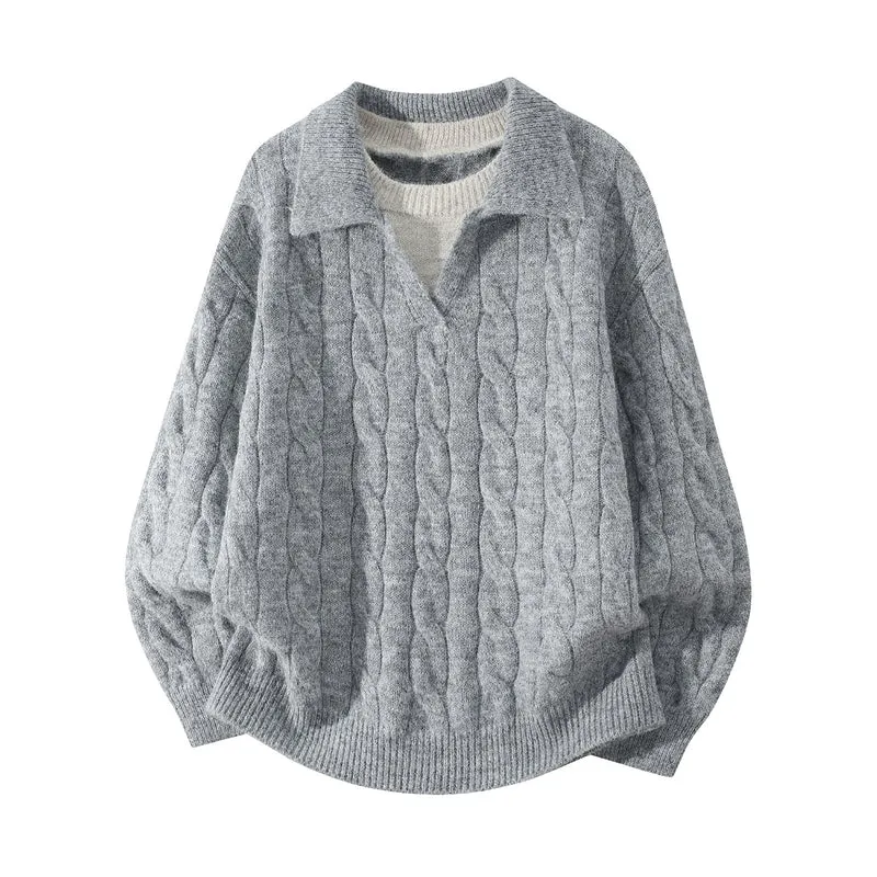 Damen Oversize Zopfmuster-Pullover mit offenem Polokragen & Layer‑Look Drune