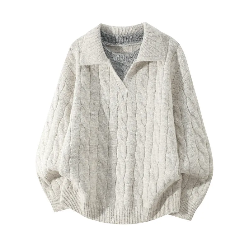 Damen Oversize Zopfmuster-Pullover mit offenem Polokragen & Layer‑Look Drune