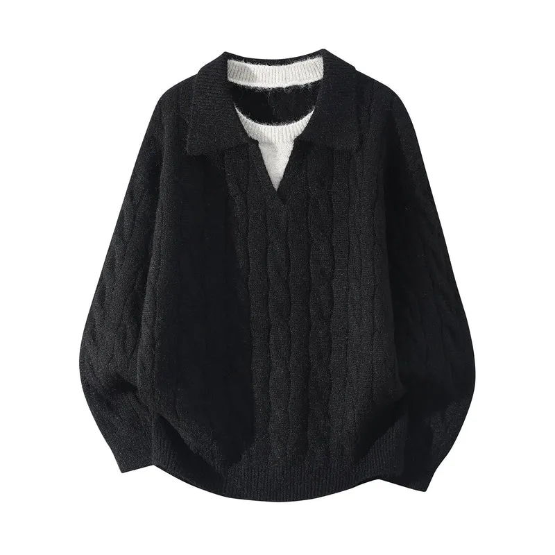 Damen Oversize Zopfmuster-Pullover mit offenem Polokragen & Layer‑Look Drune