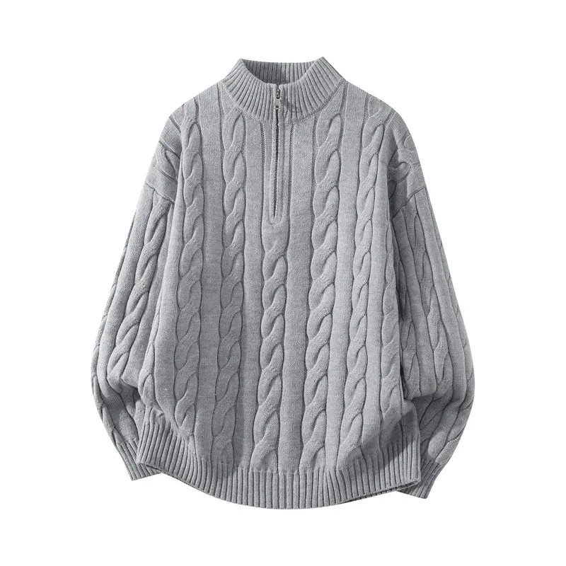Damen Oversize Zopfmuster-Halbreißverschluss-Pullover mit Ballonärmeln und Stehkragen Drune
