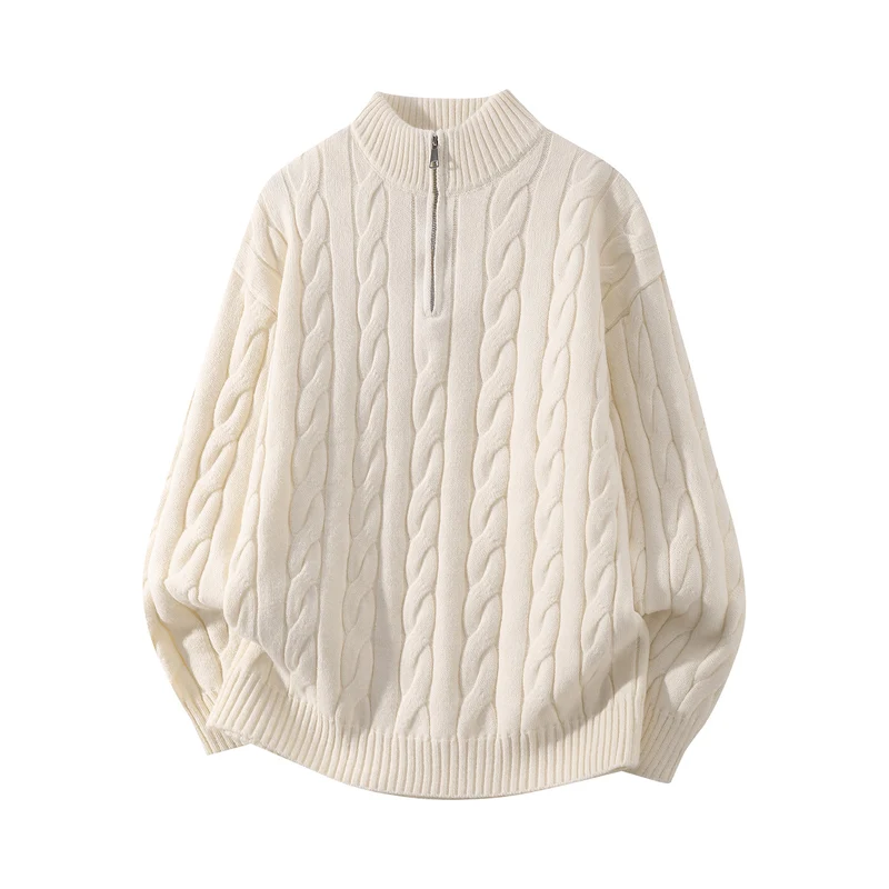 Damen Oversize Zopfmuster-Halbreißverschluss-Pullover mit Ballonärmeln und Stehkragen Drune