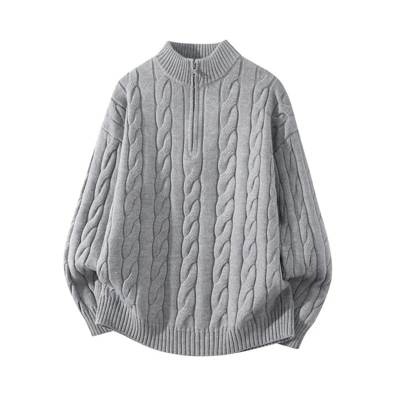 Damen Oversize Zopfmuster-Halbreißverschluss-Pullover mit Ballonärmeln und Stehkragen Drune